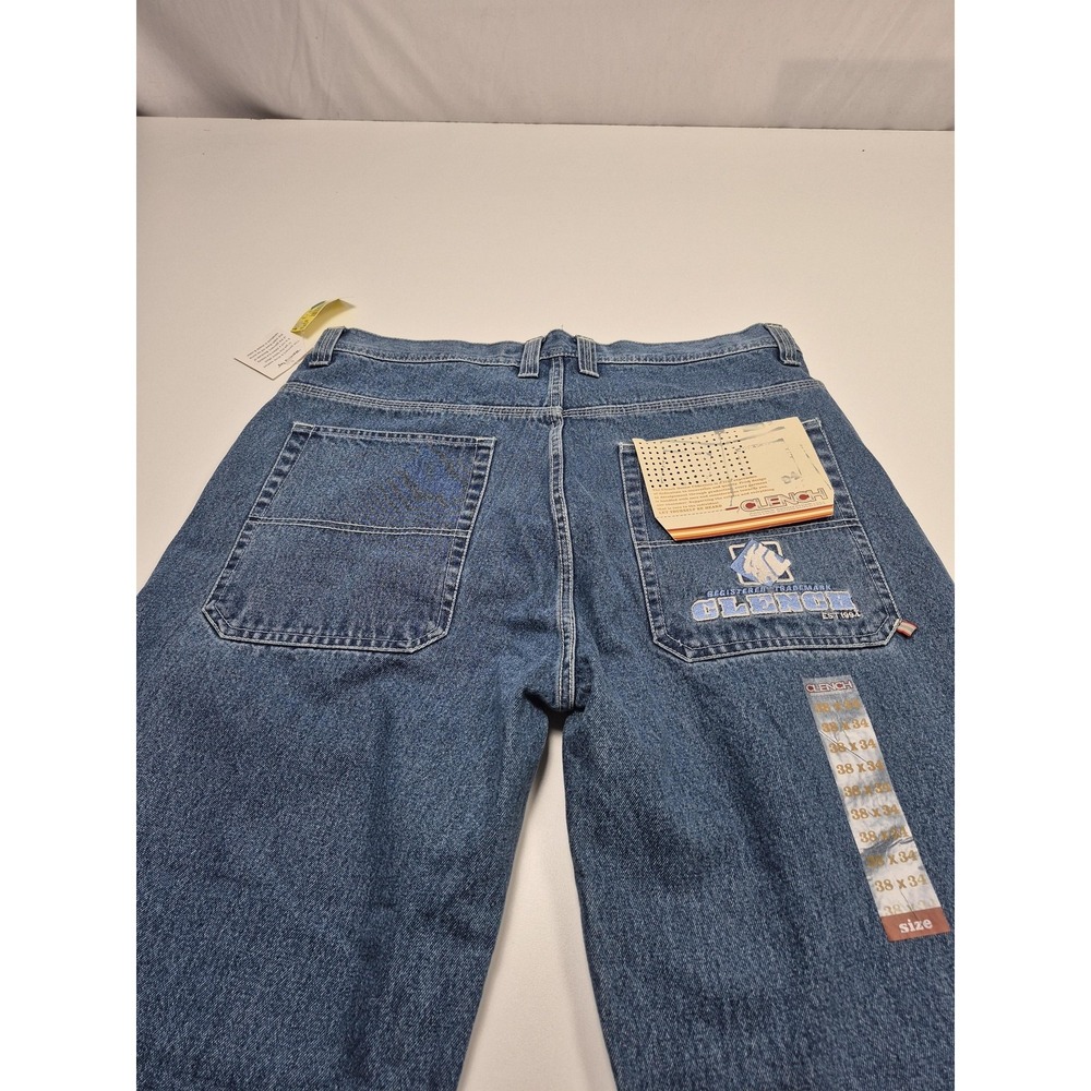VTG Clench Jeans Mens 38x34 Blue Baggy Skater Streetwear Denim Embroidered Y2K